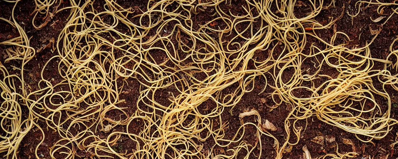 Prompt: spaghettis as mycelium, under the dirt, fine detail, canon 5 0 mm, in the style wes anderson, kodachrome