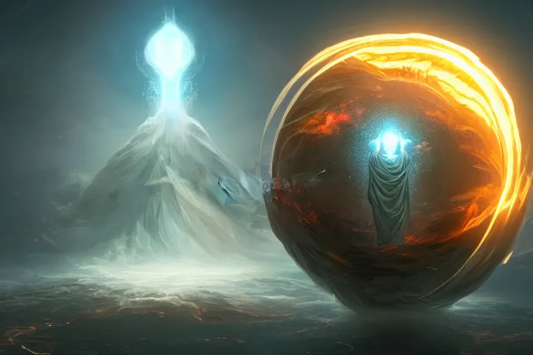 Image similar to a god dissolving into a new universe and then folding itself into a sphere which becomes a beacon signaling the arrival of a new goddess, in the style of wlop, illustration, epic, fantasy, hyper detailed, smooth, unreal engine, sharp focus, ray tracing