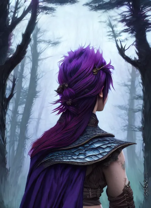 Prompt: back portrait rugged girl, adventurer outfit large cloak, fantasy forest landscape, dragon scales, fantasy magic, undercut hairstyle, short purple black fade hair, dark light night, intricate, elegant, sharp focus, illustration, highly detailed, digital painting, concept art, matte, art by wlop and artgerm and greg rutkowski and alphonse mucha, masterpiece