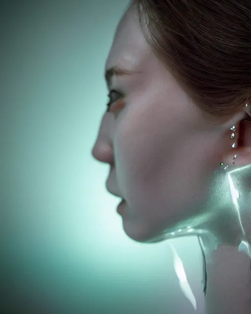Prompt: soft focus close up portrait of an android with soft synthetic skin, bioluminescent plastics, smooth shiny metal plates, piercings, by annie liebovotz,