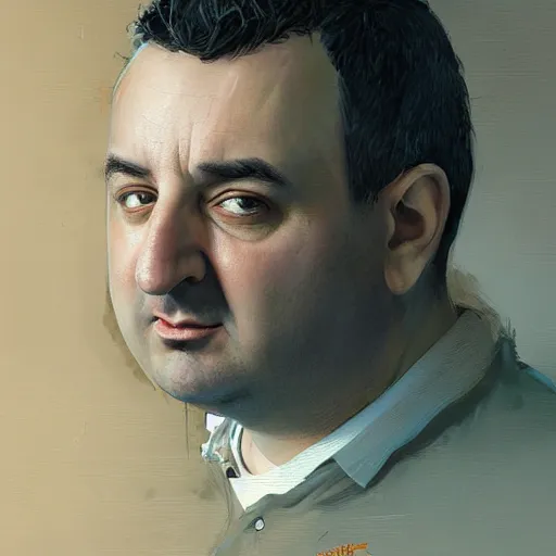 Prompt: highly detailed masterpiece painting of Mike Stoklasa featured on Artstation by Greg Rutkowski, WLOP and Ross Tran