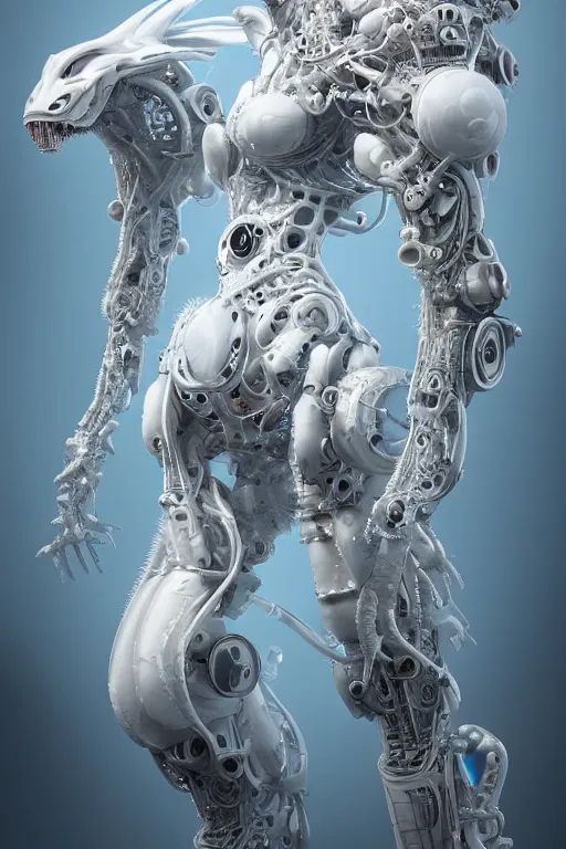 Prompt: legendary white dragon, white biomechanical details, wearing epic bionic cyborg implants, inflateble shapes, wires, tubes, veins, jellyfish, masterpiece, intricate, biopunk, highly detailed, artstation, concept art, cyberpunk, octane render