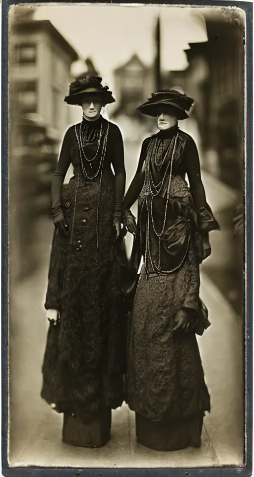 Image similar to wet plate photograph, fashionable ladies on the streets of San Francisco, 1908