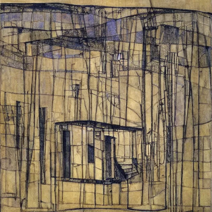 Image similar to a building in a landscape, by margaret macdonald mackintosh