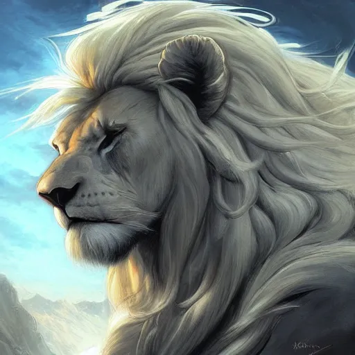 Prompt: aesthetic portrait commission of a albino muscular and attractive anthro lion as a greek god overlord with mane fur turning into cosmic smoke in the clouds, fantasy art, hyperdetailed. Character design by charlie bowater, ross tran, artgerm, and makoto shinkai, detailed, inked, western comic book art, 2021 award winning painting