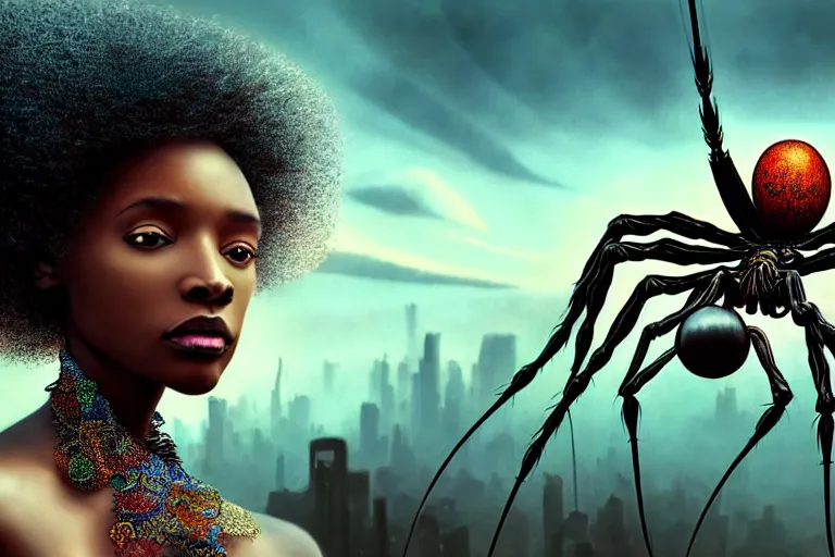 Prompt: realistic detailed closeup portrait movie shot of a beautiful black woman on a giant spider, dystopian city landscape background by denis villeneuve, amano, yves tanguy, alphonse mucha, ernst haeckel, edward robert hughes, roger dean, cyber necklace, rich moody colours, sci fi patterns, wide angle