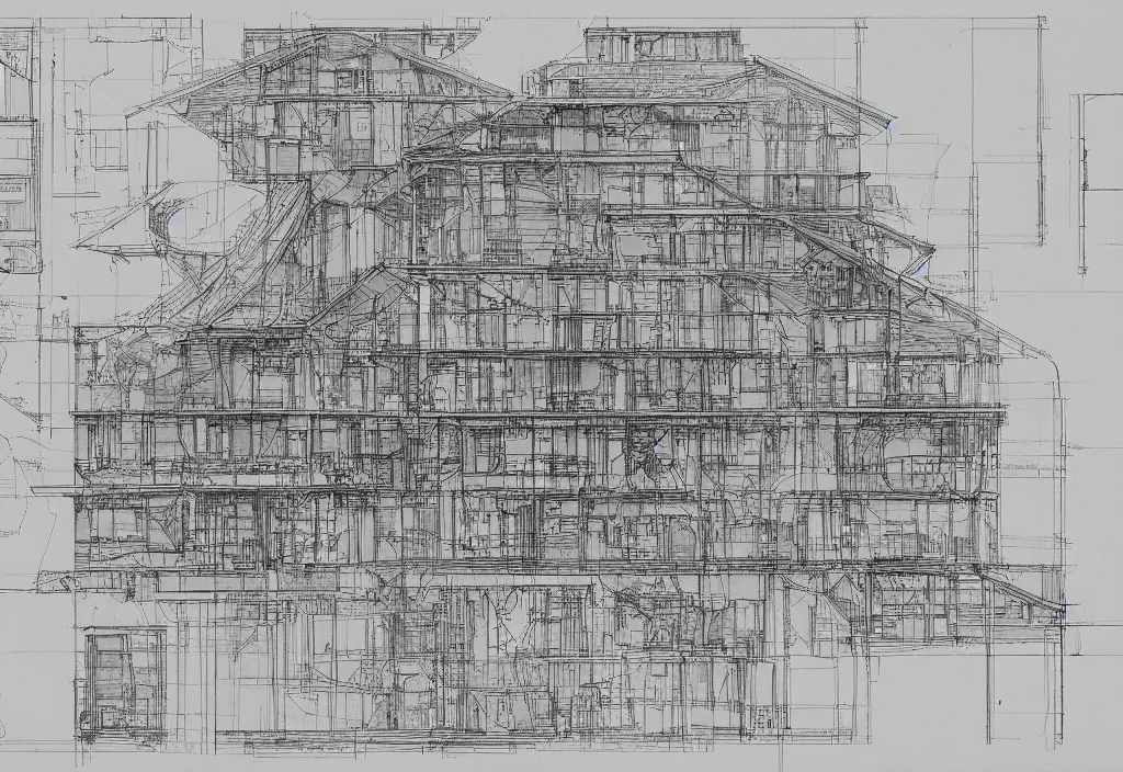 Prompt: An architectural presentation drawing made up of layers of technical drawings and architectural plans and blueprints, very detailed and intricate with callout texts, leaders, arrows, with dimensions and titleblocks and section bubbles by Kim Jung Gi and Leonardo da Vinci