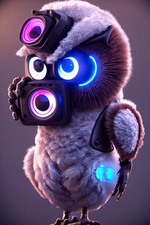 Image similar to high quality 3 d render very cute cyborg owl! with boombox, cyberpunk highly detailed, unreal engine cinematic smooth, in the style of blade runner & detective pikachu, hannah yata charlie immer, moody light, low angle, uhd 8 k, sharp focus