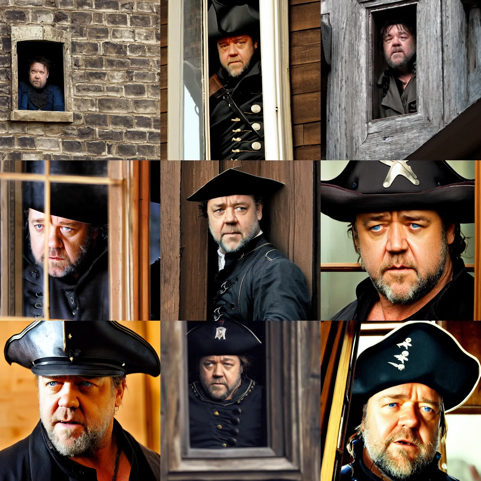 Prompt: russell crowe as javert with large wide pirate captain hat peering out concerned down to camera from a small glass window in a wooden wall, 2 0 1 2