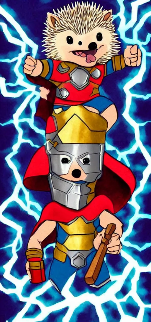 Image similar to the hedgehog thor ~ holding his hammer ~ dramatic thunder background ~ fighting scene ~