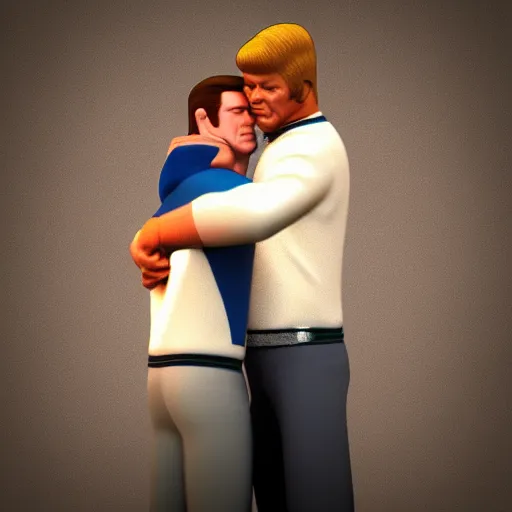 Prompt: Captain James T. Kirk and Spock hugging 3D render, high quality