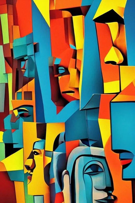 Image similar to cubist moai statue cutout digital illustration cartoon colorful beeple