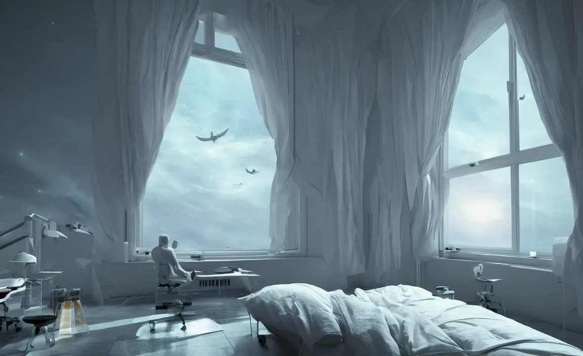 Image similar to in a bedroom, white bed, desk, computer, warm light, floor to ceiling window, the nightsky outside the window. future science fiction. game cg, hyperdetailed, trending on cgsociety