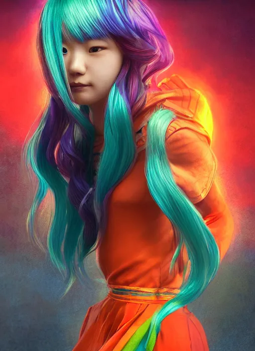 Image similar to teenage rainbow hair asian girl wearing an orange superhero costume, bioshock, au naturel, hyper detailed, digital art, trending in artstation, cinematic lighting, studio quality, smooth render, unreal engine 5 rendered, octane rendered, art style by klimt and nixeu and ian sprigger and wlop and krenz cushart