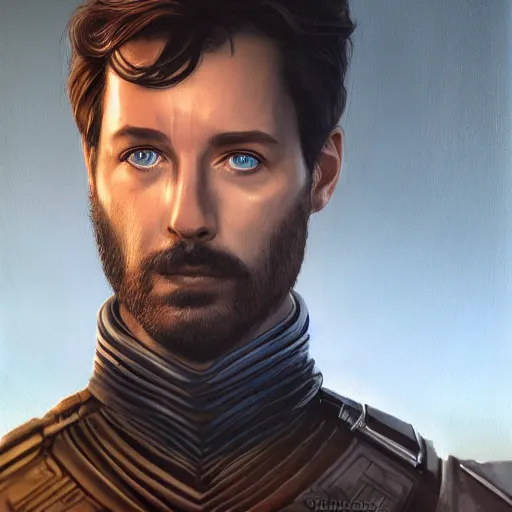 Prompt: realistic paul atreides emperor of the known universe, perfect dramatic and dark portrait by rabbitary b, trending on artstation, deviantart, dune, low angle oil painting and composition laws, dark foggy background, masculine man with thin lines on the face, completely blue eyes, denis villeneuve cinematography