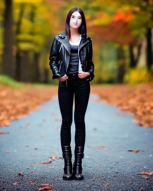 Image similar to young woman in her 20s, she wears a leather jacket and boots, full body view, taken by a nikon, very detailed face