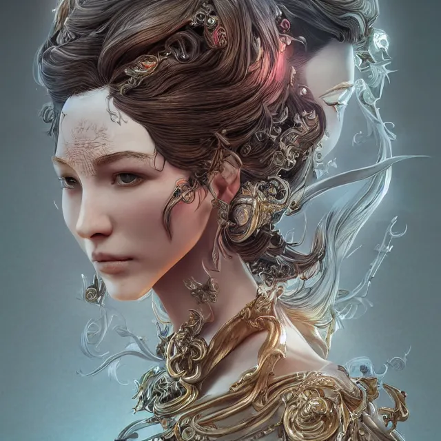 Image similar to the portrait of the lawful evil alignment personified as an absurdly beautiful, graceful, elegant, sophisticated, young woman, an ultrafine hyperdetailed illustration by kim jung gi, irakli nadar, intricate linework, bright colors, octopath traveler, final fantasy, unreal engine 5 highly rendered, global illumination, radiant light, detailed and intricate environment