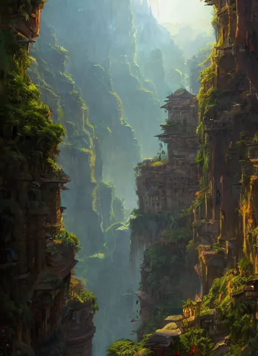 Prompt: medieval city built on terraces in a gigantic canyon, lots of buildings connected by hanging bridges, waterfalls, warm glow coming the ground, lush vegetation, pitchblack sky, extremly detailed digital painting, in the style andreas rocha and greg rutkowski and peter mohrbacher, rim light, beautiful lighting, 8 k, stunning scene, octane, trending on artstation