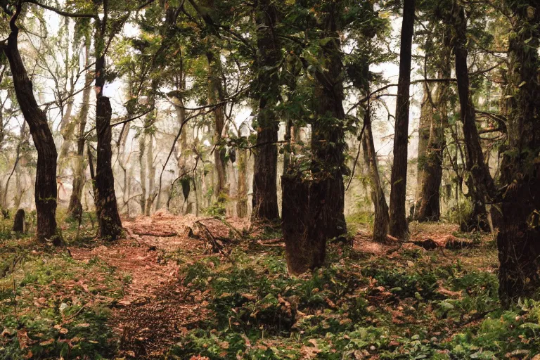 Image similar to a movie still of a bear in a forest by walerian borowczyk, immoral tales, grain, technicolor, high definition, remastered, wide angle, 7 0 mm, wide shot, cinematic