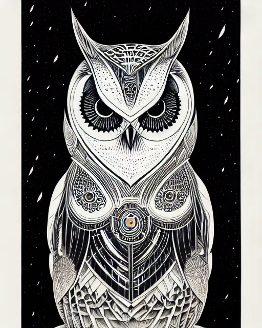 Image similar to side view of a majestic owl, high details, bold line art, by vincent di fate and joe fenton, inking, etching, screen print, masterpiece, trending on artstation, sharp, high contrast, hyper - detailed, hd, 4 k, 8 k