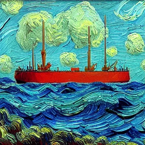 Image similar to oil painting of a fpso in the style of van gogh, natural background, trending on artstation, rough seas