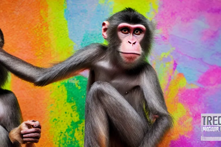 Prompt: Contamporary art fashion photography of ultra mega super hyper realistic detailed group of ultra mega super hyper realistic detailed monkey's in ultra mega super hyper realistic detailed colourful sport suits . Photo shot from 30m distance on ultra mega super hyper Leica Q2 Camera, Rendered by DaVinci Resolve