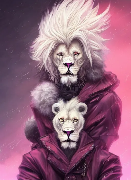 Prompt: aesthetic portrait commission of a of a male fully furry muscular anthro albino lion with a tail and a beautiful attractive hyperdetailed face wearing stylish and creative unkempt black and pink wired clothes in a sci-fi dystopian city at golden hour while it storms in the background. Character design by charlie bowater, ross tran, artgerm, and makoto shinkai, detailed, inked, western comic book art, 2021 award winning painting