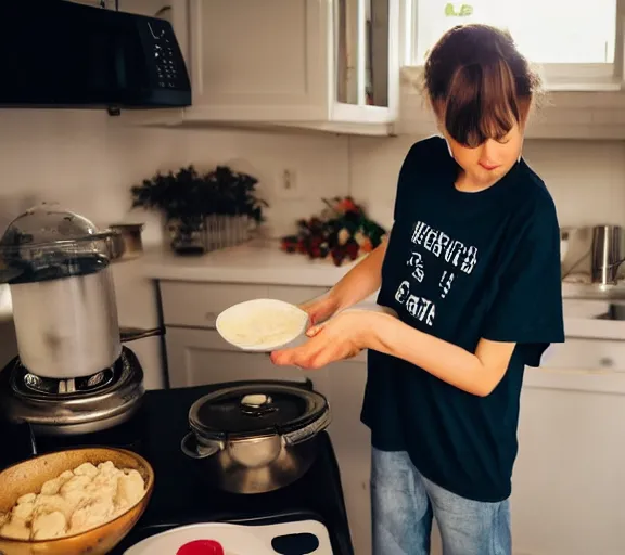 Prompt: A tomboyish girl wearing only an oversized tshirt is making scrambled eggs in the kitchen. It is a cozy morning. Amateur photo.