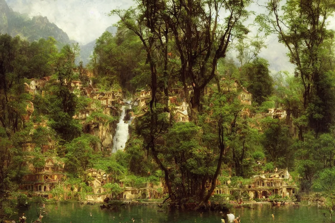 Image similar to a small village by a lake, waterfalls, cascades, very detailed, by john berkey, albert bierstadt, ruan jia, lawrence alma tadema, zdzislaw beksinski, carl spitzweg, everett raymond kinstler, norman rockwell, jack kirby, tom lovell, greg staples