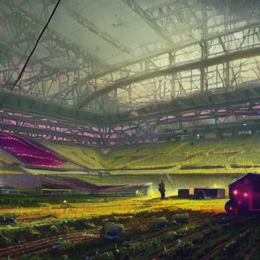 Image similar to a farm inside of a stadium, Simon Stalenhag, Wadim Kashin, solarpunk, utopian socialism, detailed, 4K, cinematic