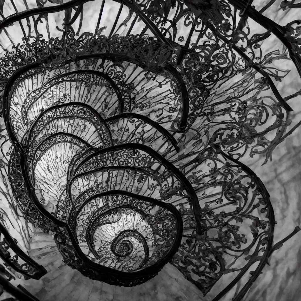 Prompt: grand spiral staircase going down deep in a dark hole, baroque, by etienne - louis boullee and gaudi, dramatic volumetric cinematic light, chiaroscuro, leica, high quality, high detailed