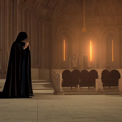 Image similar to emperor palpatine preaching to people at church, 8k cinematic lighting, very sharp detail, anatomically correct