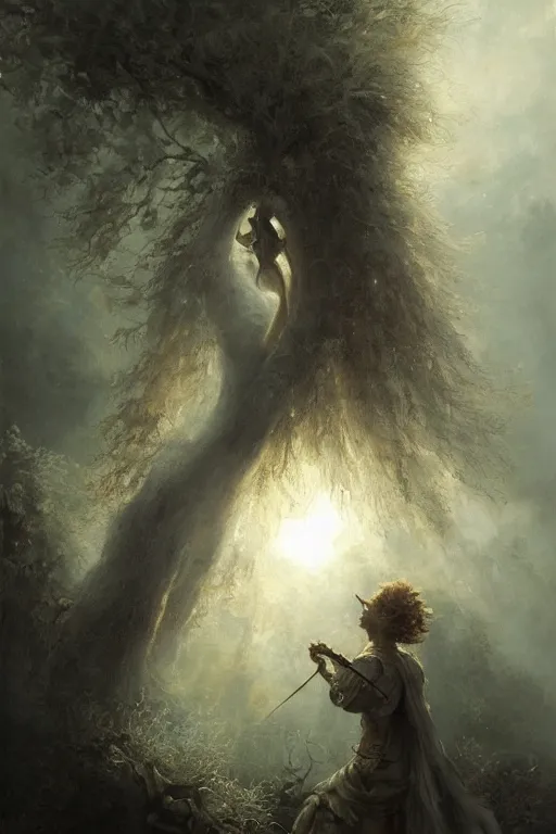 Prompt: breathtaking detailed soft painting of an ashy face, with horsehair ecusson and crystal arms, a canon where i fall through the light air and trees melee, rembrandt style, elegant, highly detailed, artstation, concept art, matte, sharp focus, art by tom bagshaw, and greg rutkowski