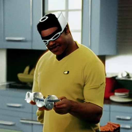 Image similar to Geordi La Forge wearing visor and a colander and random kitchen tools on his head