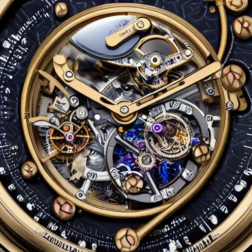 Image similar to the mechanism of a steampunk Jaquet Droz Skelet-One Tourbillon, highly detailed illustration highlights, gold and silver highlights, neon blue highlights, macro photography, F/2.8, trending on artstation, octane render