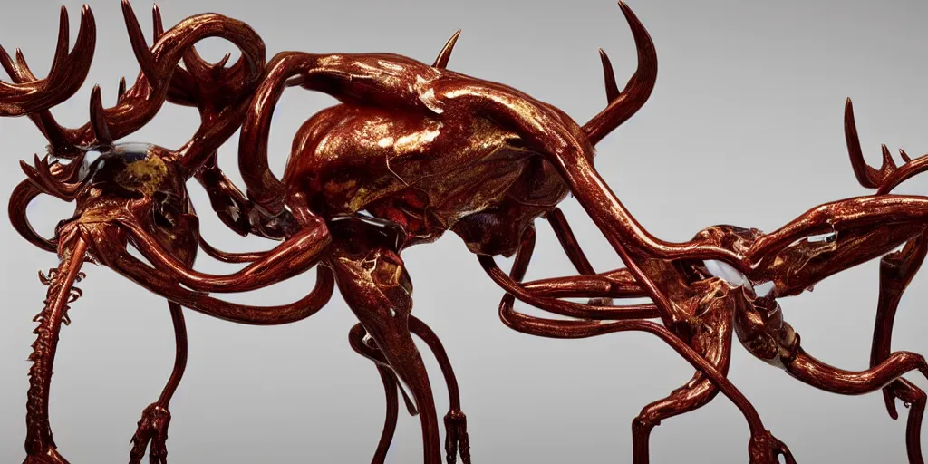 Image similar to stylized shiny polished gold statue full body bizarre extra limbs cosmic horror quadruped animal moose deer skull four legs made of marble of slug worm creature tendrils perfect symmetrical body perfect symmetrical face hyper realistic hyper detailed by johannen voss by michelangelo octane render blender 8 k displayed in pure white studio room anatomical deep red arteries veins flesh hell