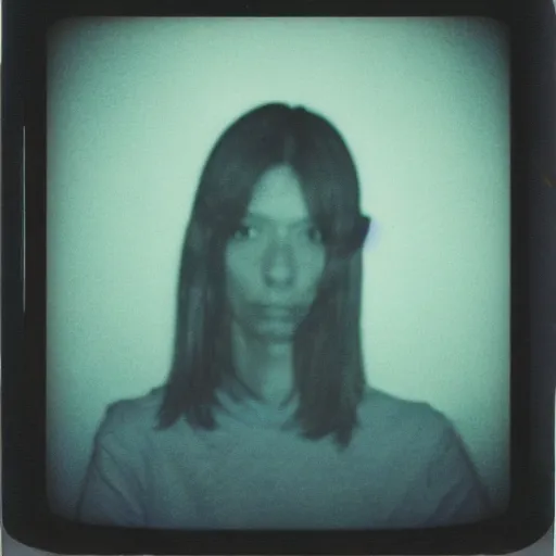 Prompt: Alien-grey caught on camera basement polaroid photo 90s out of focus grimy