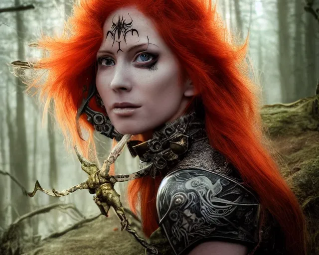 Image similar to 5 5 mm portrait photo of an armored gorgeous anesthetic redhead woman warrior with a face tattoo and demon horns growing from her head, in a magical forest in the style of stefan kostic, art by luis royo. highly detailed 8 k. intricate. lifelike. soft light. nikon d 8 5 0. cinematic post - processing