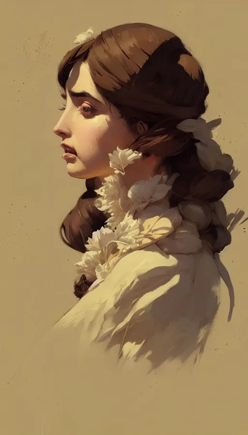 Image similar to hyper - realistic portrait of a ana de armas as a victorian lady by atey ghailan, by greg rutkowski, by greg tocchini, by james gilleard, by joe fenton, by kaethe butcher, dynamic lighting, gradient light yellow, brown, blonde cream and white color scheme, grunge aesthetic