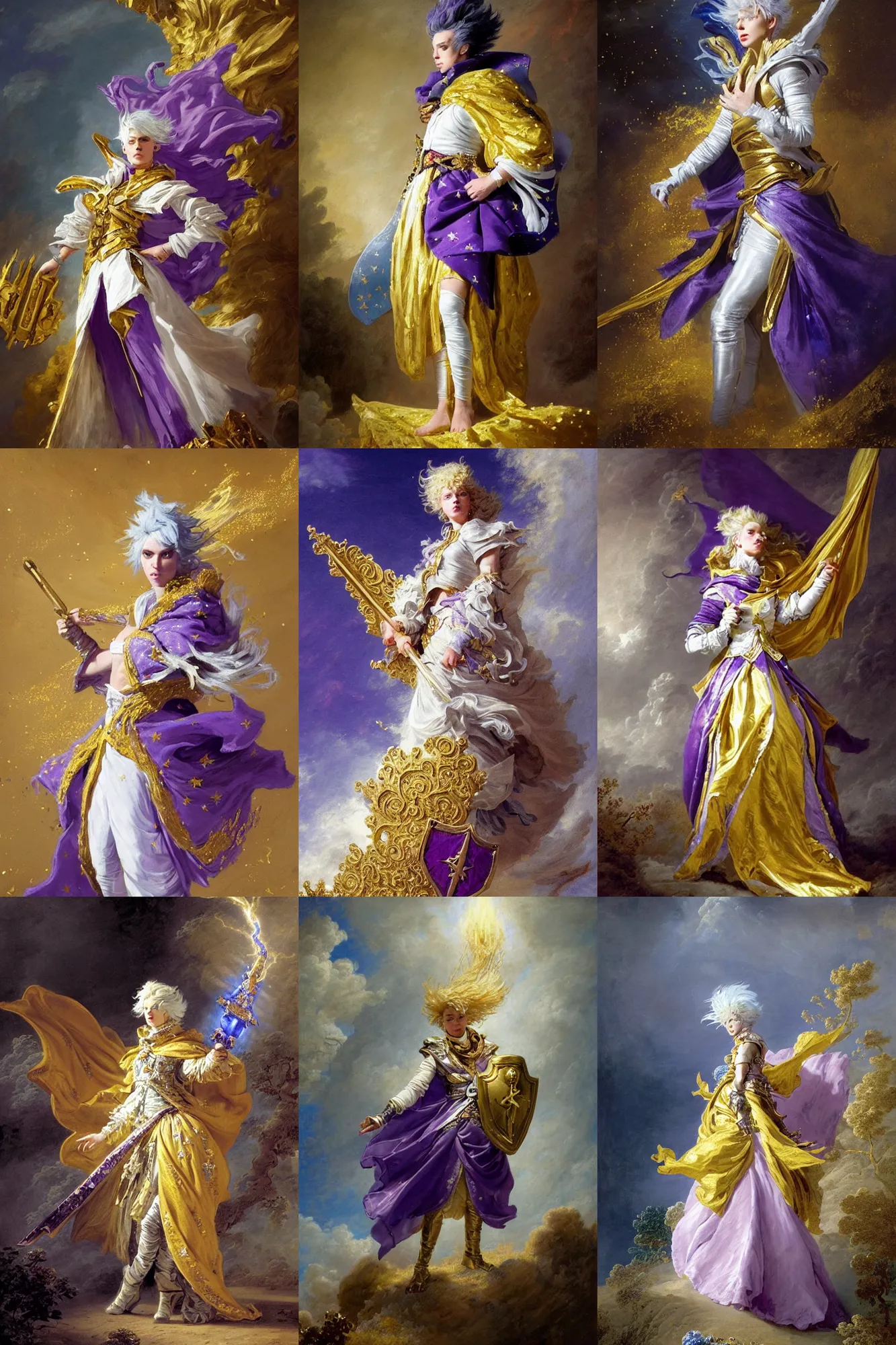 Prompt: a paladin with light white hair and a gold scarf, windy, cape, purple and blue ribbons, stars, stoic, modern maximalist fashion dress, is ( ( holding a large shield ) ). light dust, magnificent, hyperdetailed, theatrical, painted by jean honore fragonard and greg rutkowski