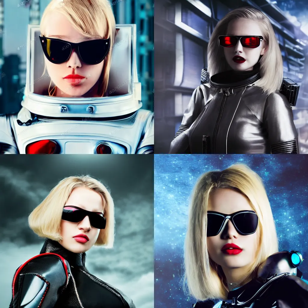 Prompt: young blond female vampire with sharp facial features wearing spacesuit and black sunglasses sci-fi cyberpunk realistic