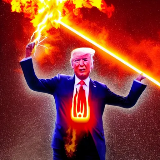 Image similar to burning donald trump casting fireballs, colorful hd picure, lightning in the background