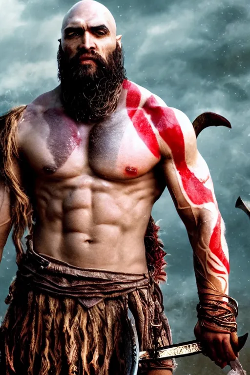 Image similar to film still from god of war, a highly detailed beautiful closeup photo of jason momoa kratos with long windblown wet hair holding a sword and fighting zombies on a pile of human skulls, spartan warrior, olympian god, muscular!,, action pose, ambient lighting, volumetric lighting, octane, fantasy