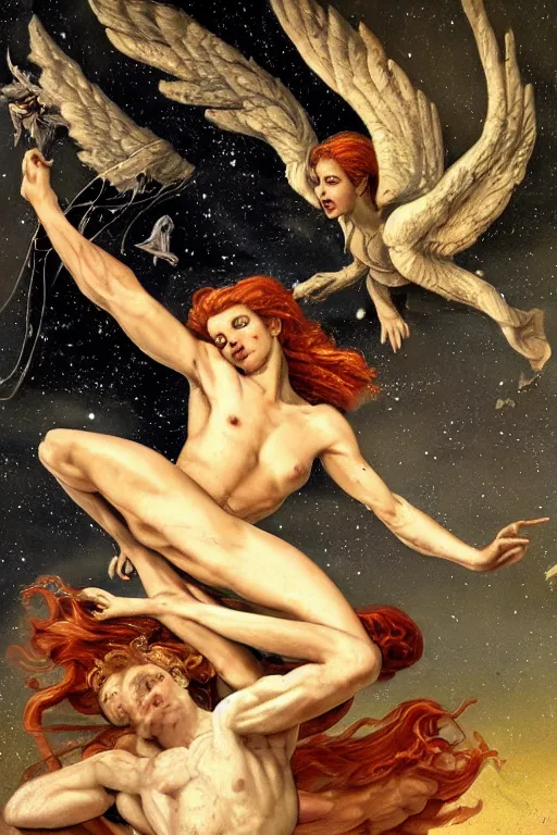 Prompt: angel falling to andromeda, very high resolution images, very fine details, very realistic, drawn by yulia iosilzon, and simone graci, plus a touch from raden pious in the depth of color and emotion