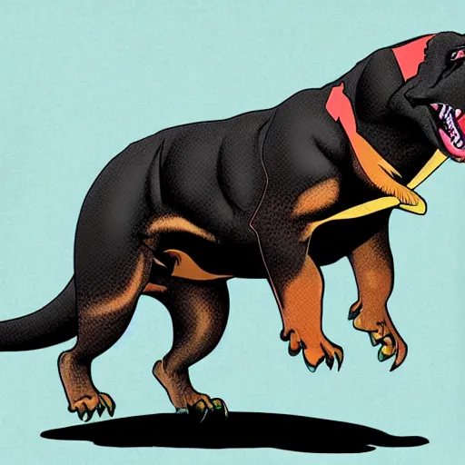 Prompt: Rottweiler dinosaur chimera, cartoon