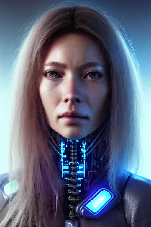 Prompt: a portrait of a beautiful 28th century super cool post-human female with long hair, barely human and largely biomechanical cyberpunk, hyper-realistic, very detailed unreal engine, by Artgerm, WLOP and Ross Thran, dramatic cinematic lighting rendered by octane, 8k, detailed, trending on artstation, deviantart google images, pinterest