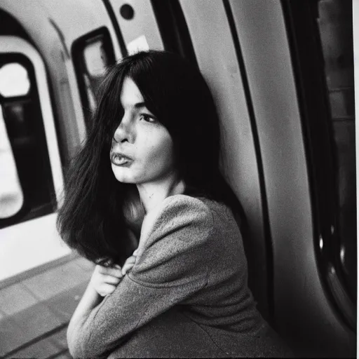 Prompt: a black haired woman gets annoyed by a train delay in germany, photography, magnum photography, hasselblad, large format