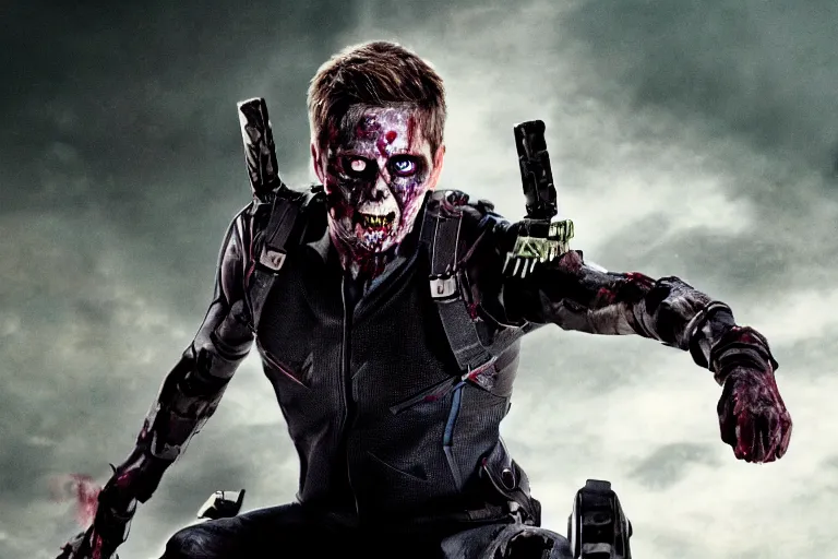 Prompt: film still of zombie Hawkeye as a zombie in new avengers movie, 4k