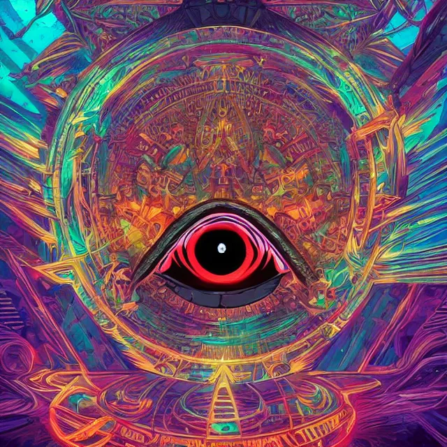 Prompt: hypnotizing and hallucinating eye, eye of horus, illuminati eye, colorful, sharp and focus, ultra detailed, beautifully lit, in the art style of dan mumford and marc simonetti