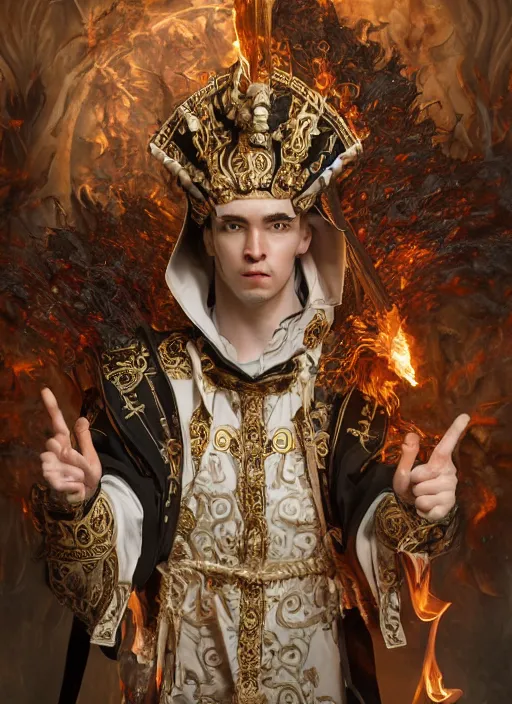 Prompt: high intricate male priest with white baroque armor and black garment fighting a fire demon, maria panfilova, andrea savchenko, mike kime, ludovic plouffe, qi sheng luo, oliver cook, trending on artstation